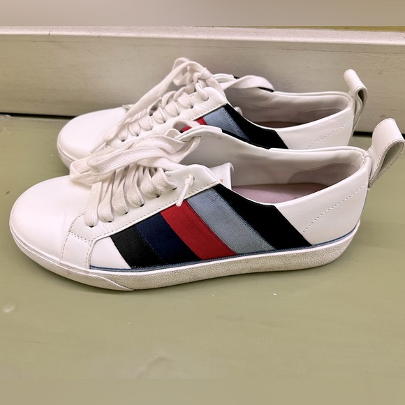 Diane von Furstenberg ‘Tess’ Leather Sneakers with Colorblock Silk and Suede - Picture 1 of 5